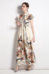 Runway Fashion Elegant Floral Print, Bow Neck, Big Swing Vintage Long Maxi Dress